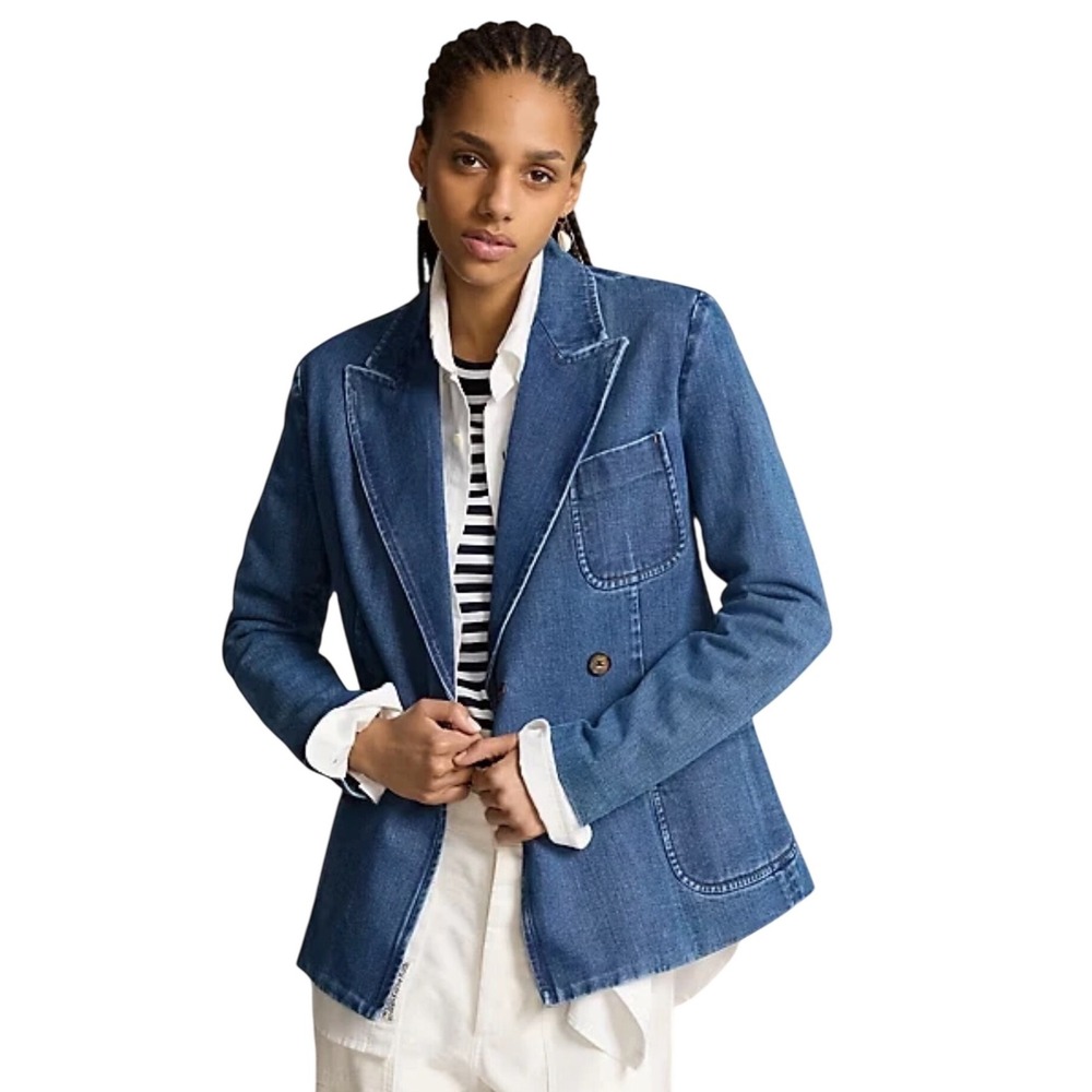 Polo Ralph‎ Lauren Double Breasted Denim Blazer Blue Womens Size 2 NWT Preppy